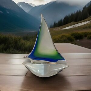 Vintage/ Murano Style/ Art Glass/ Sailboat Sculpture Blue/Green/Clear/‎ Ocean